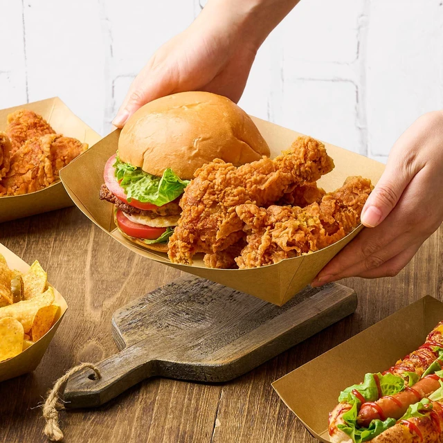 Alt view image 5 of 7 - 50 Pack 5 LB Extra Large Paper Food Trays Disposable, Kraft Paper, Nacho Trays, Food Boats, Party Serving Baskets, For Sandwiches Burgers Popcorns Snacks