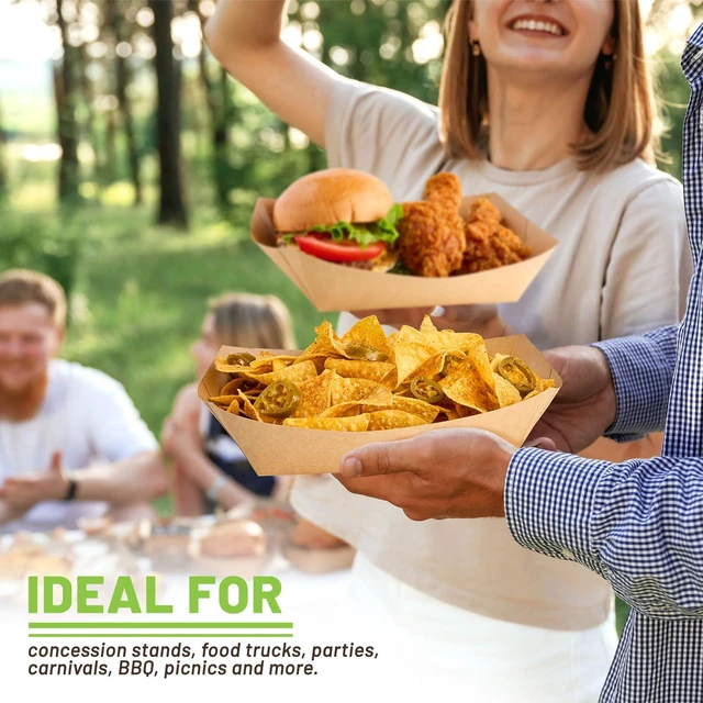 Alt view image 7 of 7 - 50 Pack 5 LB Extra Large Paper Food Trays Disposable, Kraft Paper, Nacho Trays, Food Boats, Party Serving Baskets, For Sandwiches Burgers Popcorns Snacks