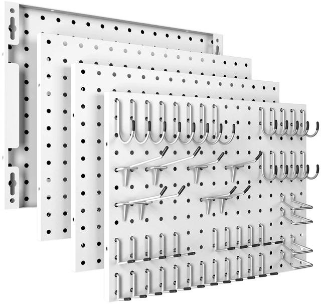 Main image of Peg Board, 4 Pack Metal Pegboard Panels with 50 Hooks White Pegboards Wall Organizer, Heavy Duty Peg Board for Garage Tool Storage, Desk Office Organization, Craft Room, Kitchen