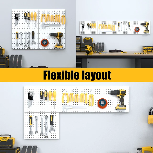 Alt view image 5 of 7 - Peg Board, 4 Pack Metal Pegboard Panels with 50 Hooks White Pegboards Wall Organizer, Heavy Duty Peg Board for Garage Tool Storage, Desk Office Organization, Craft Room, Kitchen