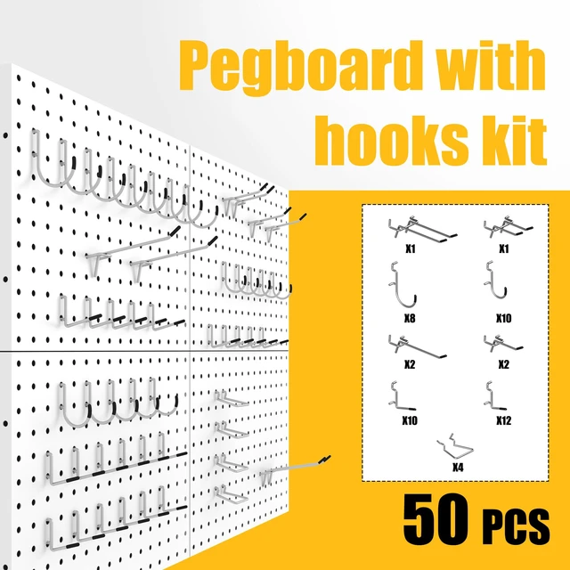 Alt view image 7 of 7 - Peg Board, 4 Pack Metal Pegboard Panels with 50 Hooks White Pegboards Wall Organizer, Heavy Duty Peg Board for Garage Tool Storage, Desk Office Organization, Craft Room, Kitchen