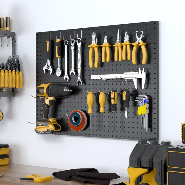 Alt view image 2 of 7 - Peg Board, 4 Pack Metal Black Pegboard Panels with 50 Hooks Pegboards Wall Organizer, Heavy Duty Peg Board for Walls Home, Garage Tool Storage, Office Organization, Craft Room, Kitchen