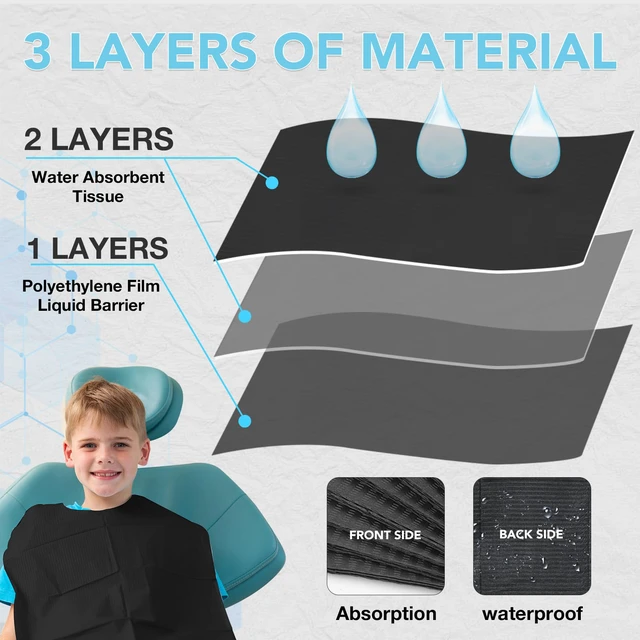 Alt view image 3 of 6 - 200 Pack Disposable Dental Bibs 13"x18", 3-Ply Waterproof Tattoo Bibs Sheet for Nail Salon, Dental Clinic, Feeding, Tattoo Shop (Black)