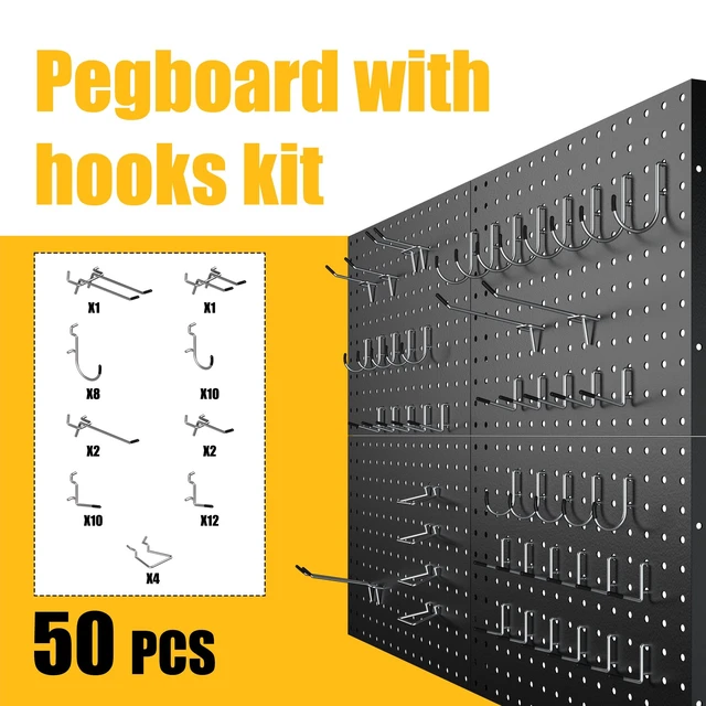 Alt view image 5 of 7 - Peg Board, 4 Pack Metal Black Pegboard Panels with 50 Hooks Pegboards Wall Organizer, Heavy Duty Peg Board for Walls Home, Garage Tool Storage, Office Organization, Craft Room, Kitchen