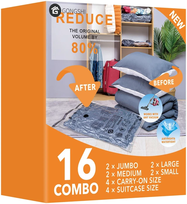 Main image of Vacuum Storage Bags for Clothing, 16-Piece Set 2 Jumbo, 2 Large, 2 Medium, 2 Small and 8 Travel Roll-Up Bags; Ideal for Clothes, Bedding, Luggage and Seasonal Storage