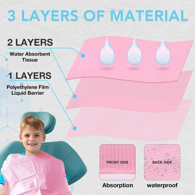 Alt view image 3 of 6 - 550 Pack Disposable Dental Bibs 13"x18", 3-Ply Waterproof Tattoo Bibs Sheet for Nail Salon, Dental Clinic, Feeding, Tattoo Shop (Pink)