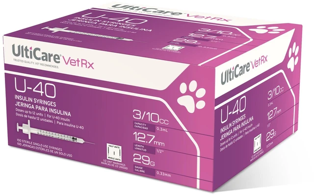 Main image of VetRx U-40 Pet Insulin Syringes, 3/10cc, 29G x 1/2", 100 Ct Half Unit Markings | Comfortable, Accurate Dosing for Your Dog or Cat with Diabetes, Compatible with Any U-40 Insulin