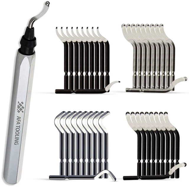 Main image of Deburring Tool, 41 M2/M35 Blades, CNC Anodized Aluminum Handle Built for 3D printing, metal, PVC and plastic; four HSS profiles give 360-degree rotation on reverse burrs and cross bores