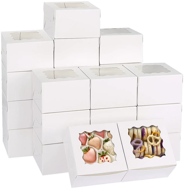 Main image of 120pcs Small Cookie Boxes with Window, 4x4x2.5 In White Bakery Boxes Food-grade Treat Boxes, Dessert Boxes for Small Cookies, Treats, Desserts, Chocolate Covered Strawberries, Mini Cake