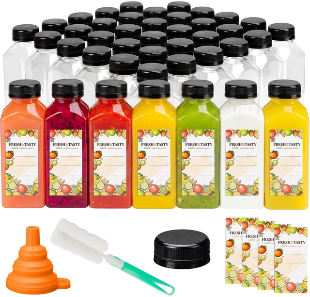 Main image of 45pcs 12oz Reusable Juice Bottles with caps, Accessories 12oz Reusable Juice Bottles with Lids and Labels, Funnel, Brush Beverage Containers for Juicing, Smoothies, Tea, Milk