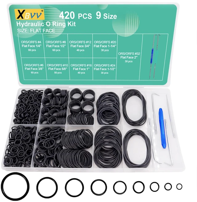 Main image of 420 Pcs Hydraulic O-Ring Kit for ORS/ORFS Flat Face Fittings 9 Size Buna-N 70A O-Ring Seal Kit with Pick for Hydraulic Fittings,SAE J1453 Fittings,Hydraulic Pumping,Size 1/4-2