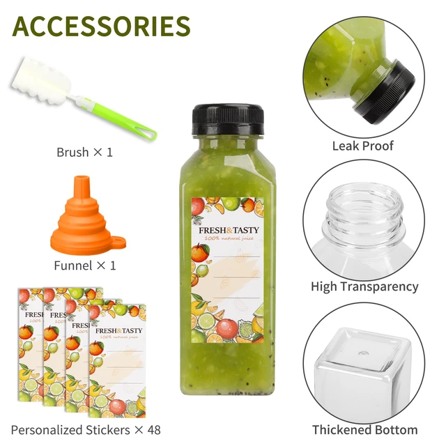 Alt view image 3 of 6 - 45pcs 12oz Reusable Juice Bottles with caps, Accessories 12oz Reusable Juice Bottles with Lids and Labels, Funnel, Brush Beverage Containers for Juicing, Smoothies, Tea, Milk