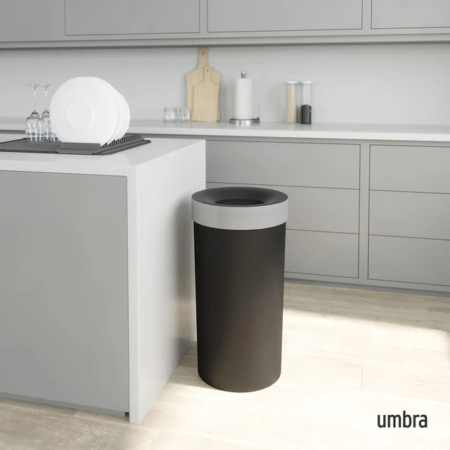 Alt view image 2 of 6 - Vento Kitchen Trash Can, Open Top Bin, 16.5 Gallon, Black/Nickel Brushed metal accents, bag concealing design, easy wipe clean, fits home and office, durable plastic