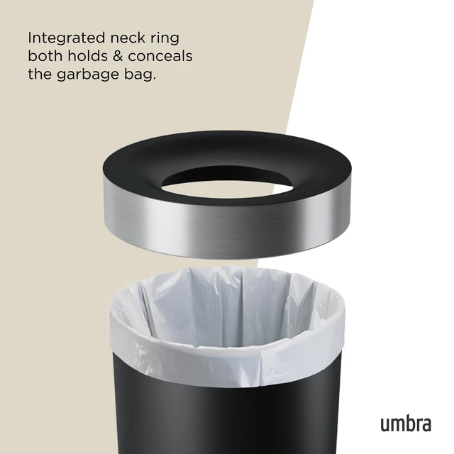 Alt view image 4 of 6 - Vento Kitchen Trash Can, Open Top Bin, 16.5 Gallon, Black/Nickel Brushed metal accents, bag concealing design, easy wipe clean, fits home and office, durable plastic