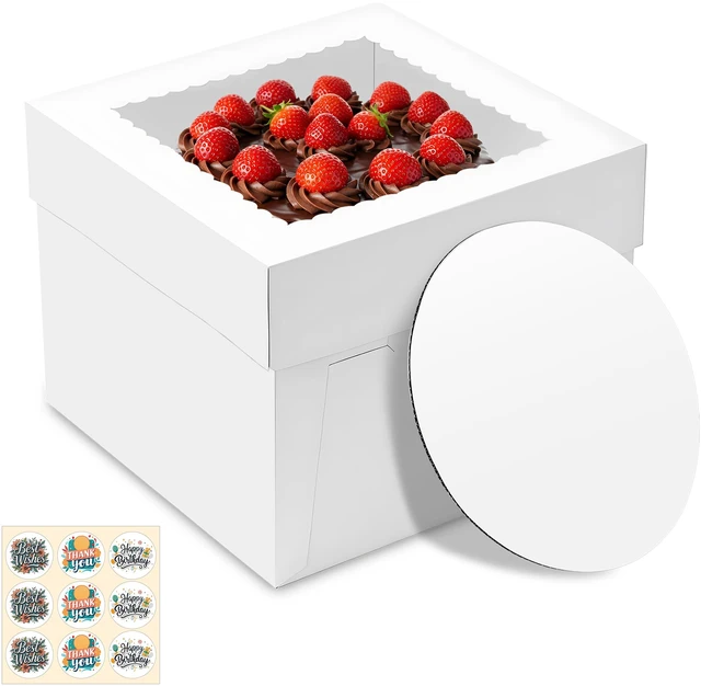 Main image of 15 Pack Cake Boxes with Board, 10x10x8 In Tall Cake Box with Window Cake Carrier Holder, Storage Transport Container, Easy to Assemble, Square Bakery Box for Cakes, Cookies, Baked Goods