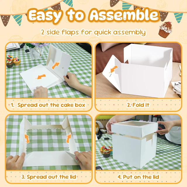Alt view image 4 of 7 - 15 Pack Cake Boxes with Board, 10x10x8 In Tall Cake Box with Window Cake Carrier Holder, Storage Transport Container, Easy to Assemble, Square Bakery Box for Cakes, Cookies, Baked Goods