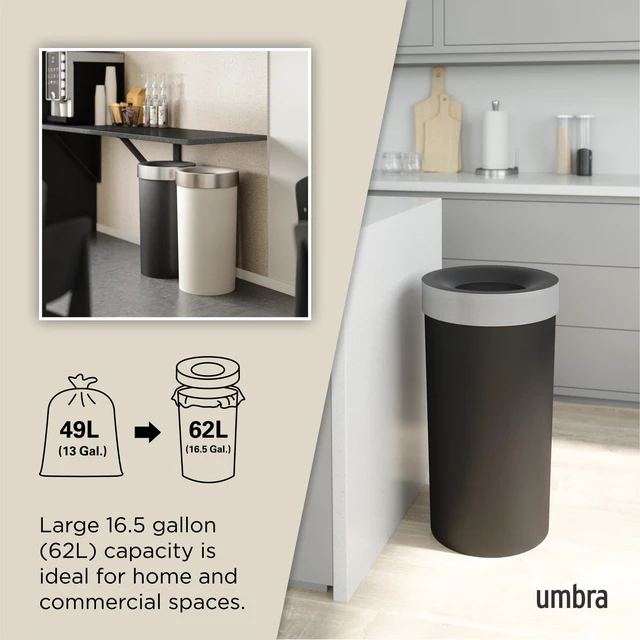 Alt view image 5 of 6 - Vento Kitchen Trash Can, Open Top Bin, 16.5 Gallon, Black/Nickel Brushed metal accents, bag concealing design, easy wipe clean, fits home and office, durable plastic
