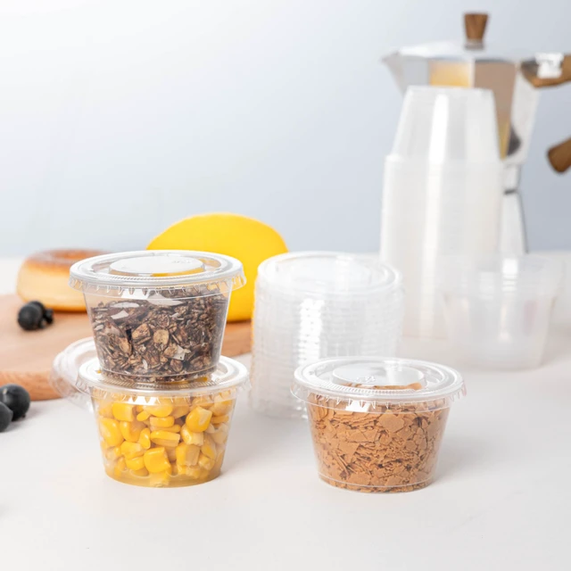 Alt view image 6 of 7 - 200PACK 4oz Plastic Portion Cups with Lids, Condiment, Jello Shot Cup Mini Cups for Portion Control, Salad Dressing Cups, Airtight and Stackable Sauce Cups for Party, Holiday and Daily Use