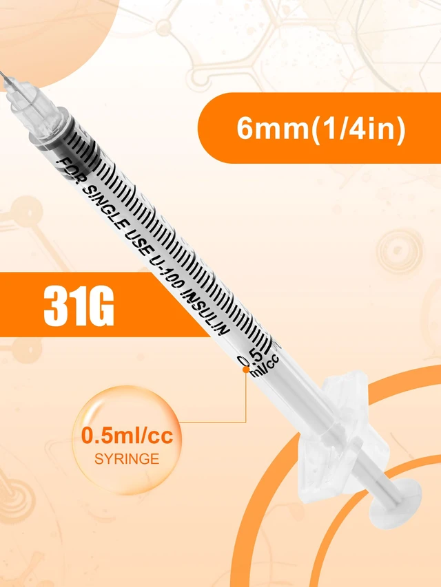 Alt view image 3 of 7 - 0.5ml Syringes 31G x 1/4" 6mm Disposable Lab Syringe with Caps, 100 Pack 0.5cc 31 Gauge 1/4 Inch, Leak-Proof Design, Fine Tip, Home & Labs Use, Individually Wrapped