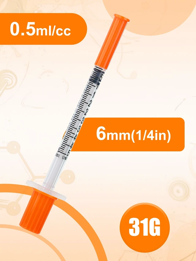 Alt view image 4 of 7 - 0.5ml Syringes 31G x 1/4" 6mm Disposable Lab Syringe with Caps, 100 Pack 0.5cc 31 Gauge 1/4 Inch, Leak-Proof Design, Fine Tip, Home & Labs Use, Individually Wrapped