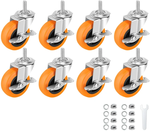 Main image of Caster Wheels with Threaded Stem, 3 Inch Locking Swivel Casters Set of 8 3/8"-16 x 1 (Screw Diameter 3/8", Length 1") Polyurethane Swivel Castors, 360 Degree Caster with Brake Wheels for Furniture