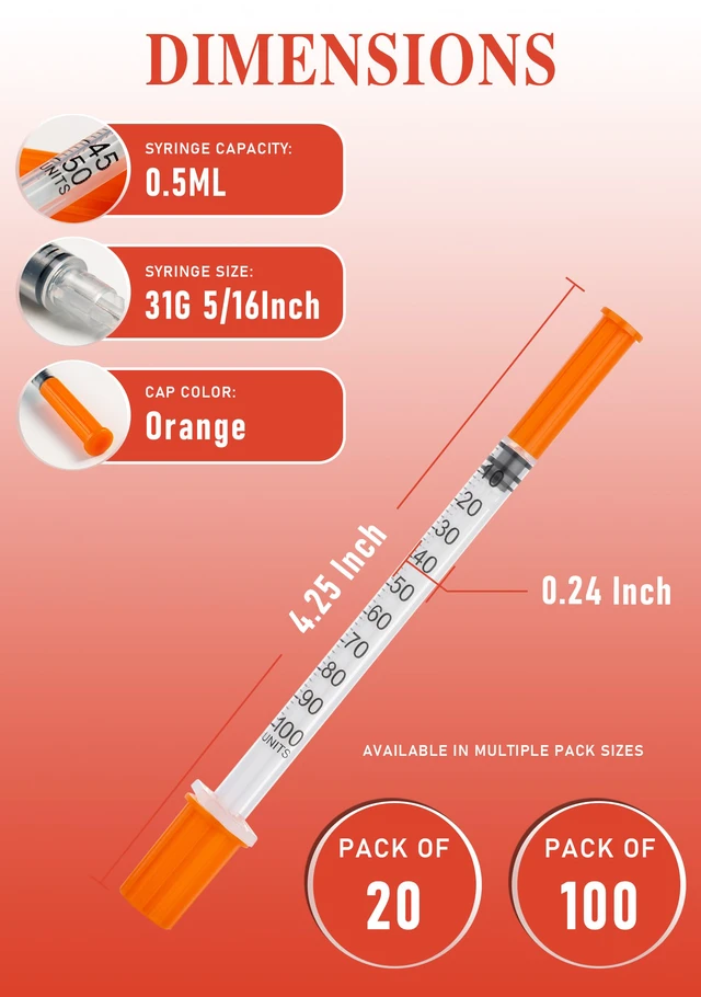 Alt view image 2 of 6 - 0.5ml Syringes 31G x 5/16" 8mm Disposable Lab Syringe with Caps, 100 Pack 31 Gauge 0.5cc 5/16 Inch, Leak-Proof Design, Fine Tip, Home & Labs Use, Individually Wrapped