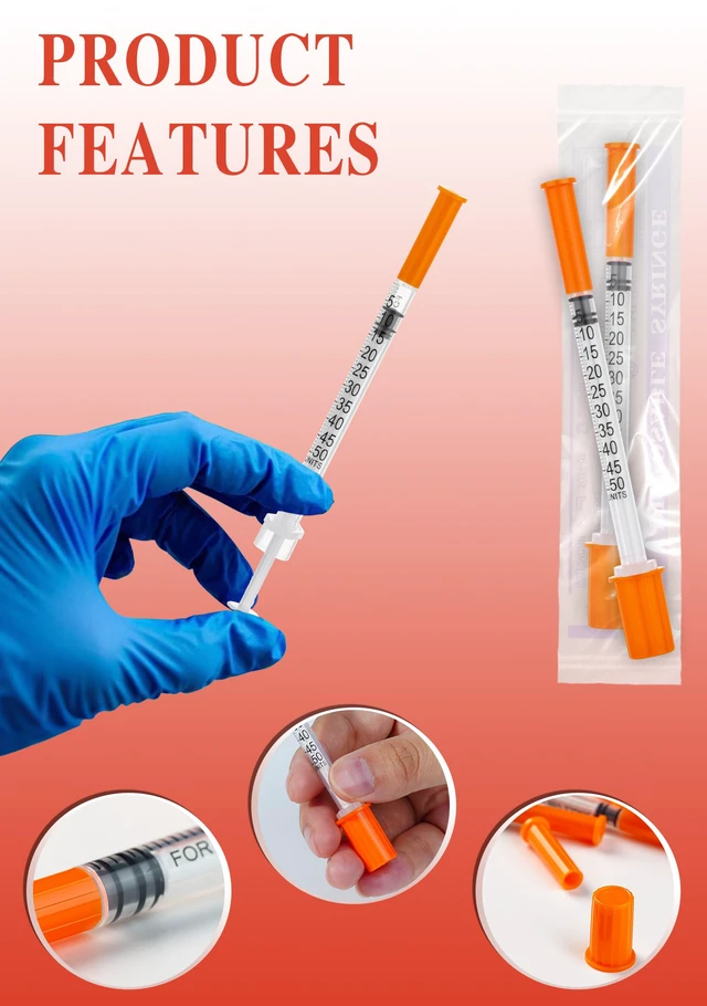 Alt view image 3 of 6 - 0.5ml Syringes 31G x 5/16" 8mm Disposable Lab Syringe with Caps, 100 Pack 31 Gauge 0.5cc 5/16 Inch, Leak-Proof Design, Fine Tip, Home & Labs Use, Individually Wrapped