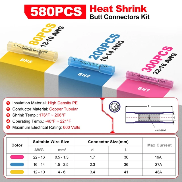 Alt view image 2 of 7 - Heat Shrink Wire Butt Connector Kit Marine Waterproof Crimp Splice Terminal,580 pcs