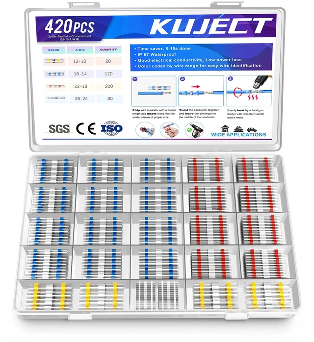 Main image of Heat Shrink Solder Seal Wire Connectors Kit 420PCS 26-10 AWG Waterproof Electrical Connectors for Marine, Automotive, Truck Repair, Solderless Wiring Splice Connectors
