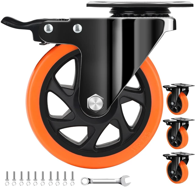Main image of 5 Inch Heavy Duty Caster Wheel with Dual Brake,Silent,Orange,Set of 4 Easy to Install, Efficient operation, convenient braking,Silent, Floor friendly,Widely Applied for Cart,Furniture,Workbench