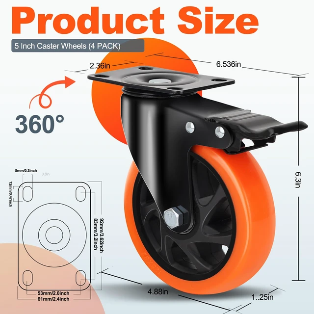 Alt view image 2 of 7 - 5 Inch Heavy Duty Caster Wheel with Dual Brake,Silent,Orange,Set of 4 Easy to Install, Efficient operation, convenient braking,Silent, Floor friendly,Widely Applied for Cart,Furniture,Workbench