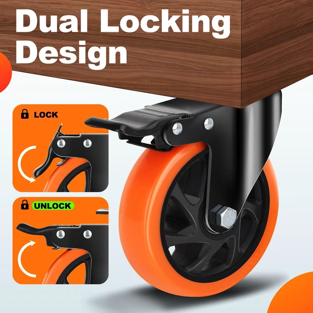 Alt view image 3 of 7 - 5 Inch Heavy Duty Caster Wheel with Dual Brake,Silent,Orange,Set of 4 Easy to Install, Efficient operation, convenient braking,Silent, Floor friendly,Widely Applied for Cart,Furniture,Workbench