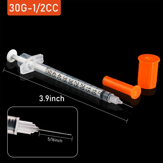 Alt view image 2 of 7 - 30G 1/2cc 5/16" Syringe with Needle - Individual Package-100 Pack 1cc 30 Gauge 1/2 Inch, Leak-Proof Design, Fine Tip, Home & Labs Use, Individually Wrapped