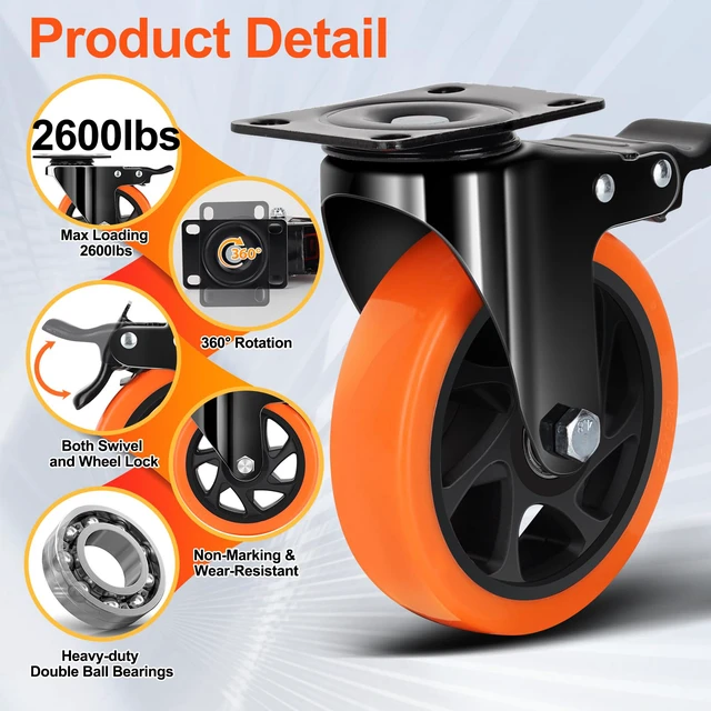 Alt view image 5 of 7 - 5 Inch Heavy Duty Caster Wheel with Dual Brake,Silent,Orange,Set of 4 Easy to Install, Efficient operation, convenient braking,Silent, Floor friendly,Widely Applied for Cart,Furniture,Workbench
