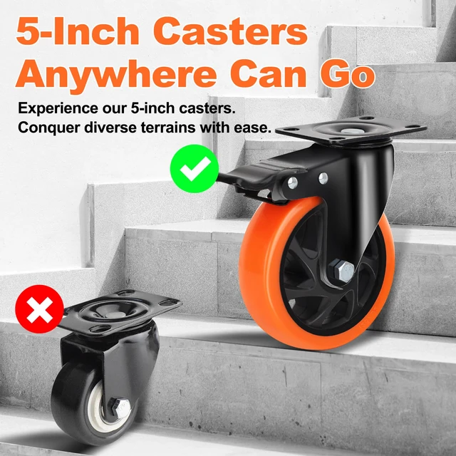 Alt view image 7 of 7 - 5 Inch Heavy Duty Caster Wheel with Dual Brake,Silent,Orange,Set of 4 Easy to Install, Efficient operation, convenient braking,Silent, Floor friendly,Widely Applied for Cart,Furniture,Workbench