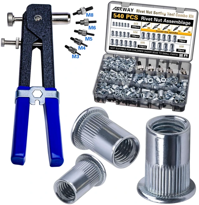 Main image of Rivet Nut Tool Kit 540Pcs Nut Riveter Tool Kit Metal Rivet Nuts (M8/M6/M5/M4/M3), Suitable for Furniture, Decoration, Automobile, Shipbuilding and Industrial Applications