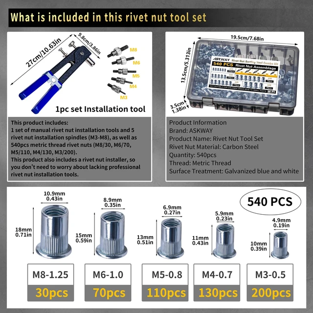 Alt view image 3 of 6 - Rivet Nut Tool Kit 540Pcs Nut Riveter Tool Kit Metal Rivet Nuts (M8/M6/M5/M4/M3), Suitable for Furniture, Decoration, Automobile, Shipbuilding and Industrial Applications