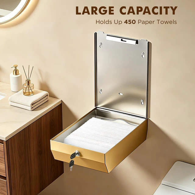 Alt view image 3 of 6 - Commercial Paper Towel Dispenser Wall Mount, Gold, Large Capacity Durable Stainless Steel, C-Fold Multifold Trifold Paper Towel Holder, Touchless Hand Towel Dispenser for Bathroom, Office