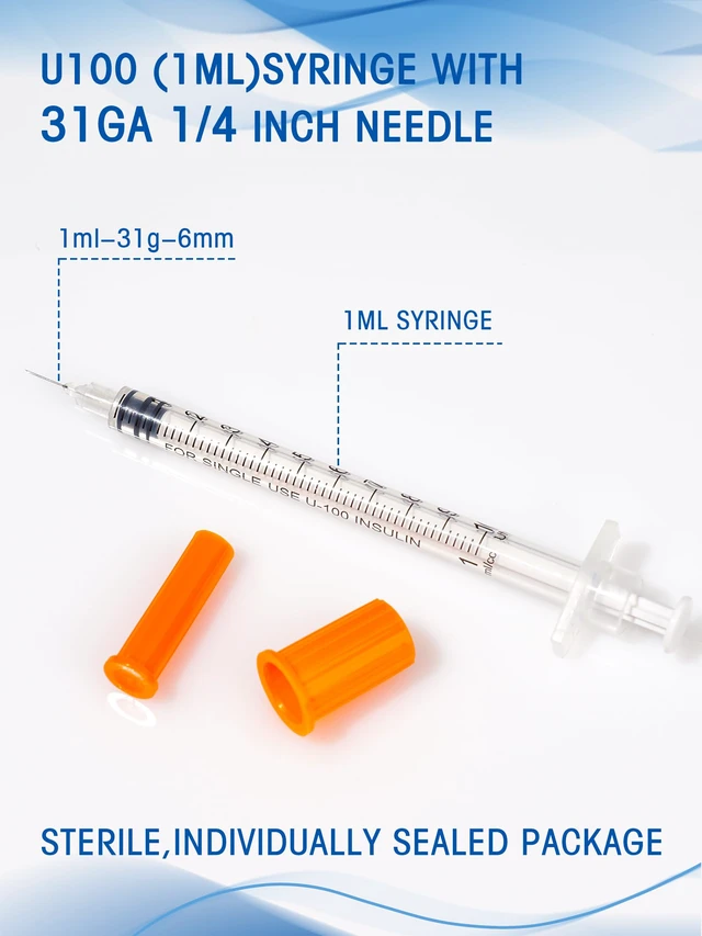 Alt view image 2 of 5 - 1ml Syringes 31G x 1/4" 6mm Disposable Lab Syringe with Caps, 100 Pack 31 Gauge 1cc 1/4 Inch, Leak-Proof Design, Fine Tip, Home & Labs Use, Individually Wrapped
