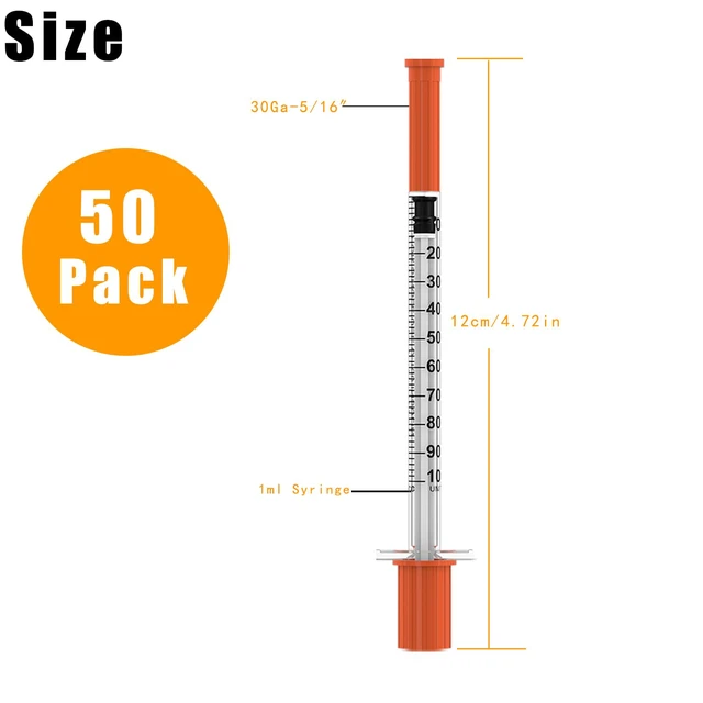 Alt view image 3 of 6 - U-100 Disposable Syringes with Needle,1ml/cc,30G 5/16"(8mm) Needle,Individually Wrapped50 Pack| Lab Supplies