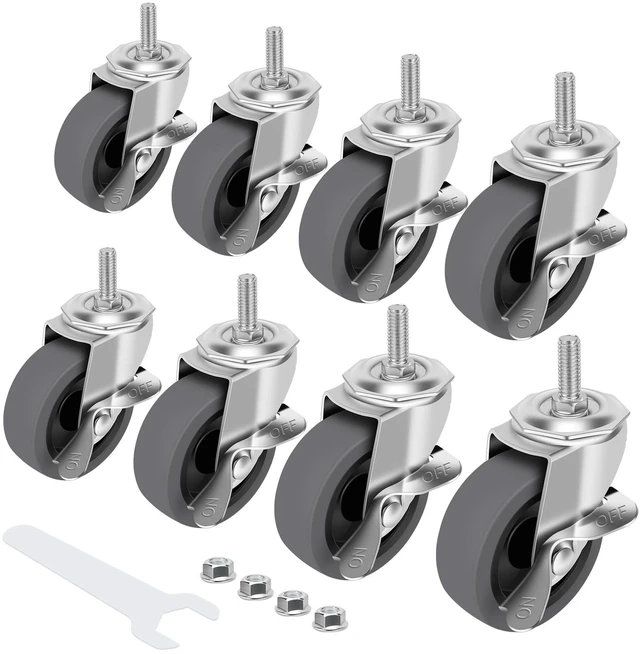 Main image of Caster Wheels, 3" Locking Swivel Threaded Stem Casters Set with Brake of 8 3/8"-16 x 1" (Screw Diameter 3/8", Length 1")Rubber Casters with 360 Degree No Noise Wheels for Furniture and Workbench