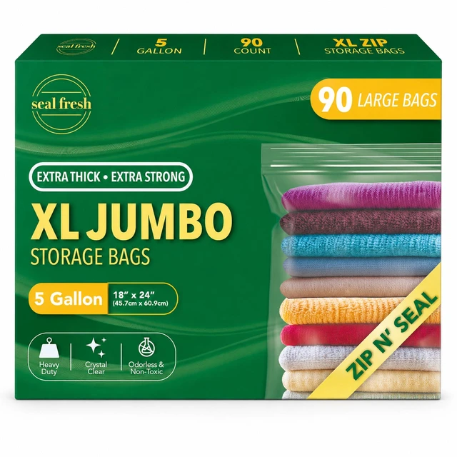 Main image of 5 Gallon Large Plastic Storage Bags 18" x 24" (90 Count) Reusable XXL Extra Large Clear Jumbo Zip Bags with Sealable Zipper Top For Clothes, Travel, Moving