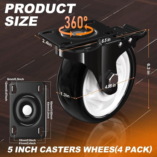 Alt view image 2 of 7 - 5 Inch Heavy Duty Caster Wheel with Dual Brake,Silent, Black,Set of 4 Easy to Install, Efficient operation, convenient braking,Silent, Floor friendly,Widely Applied for Cart,Furniture,Workbench