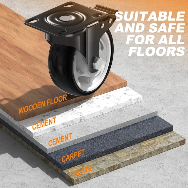 Alt view image 6 of 7 - 5 Inch Heavy Duty Caster Wheel with Dual Brake,Silent, Black,Set of 4 Easy to Install, Efficient operation, convenient braking,Silent, Floor friendly,Widely Applied for Cart,Furniture,Workbench