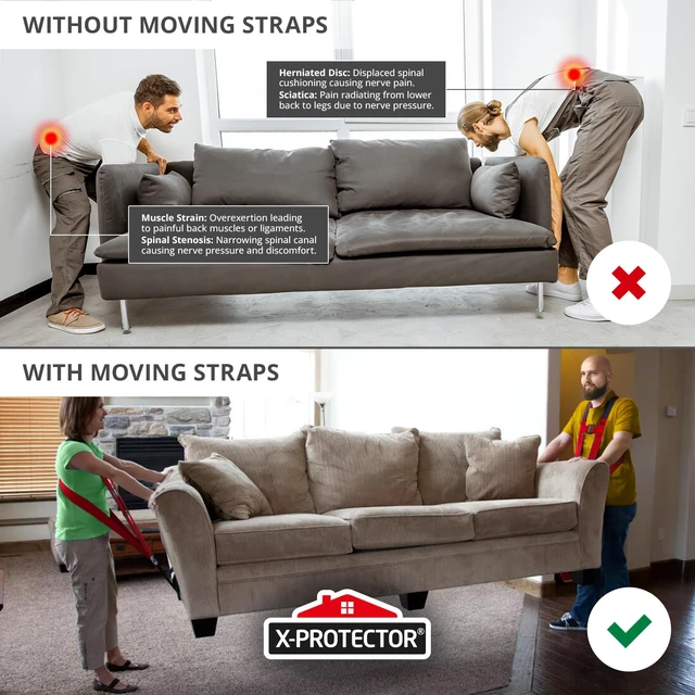 Alt view image 2 of 6 - Moving Straps - 2 Pairs - Red Lifting Straps for 2 Movers Move Furniture Easily and Safely - Perfect for Lifting & Moving Heavy Objects (Adjustable Length 50-118, with Back Support)