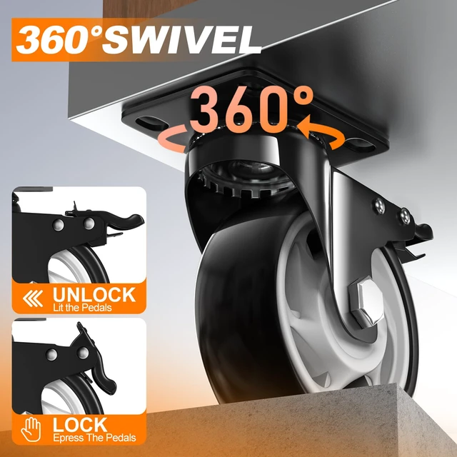Alt view image 5 of 7 - 5 Inch Heavy Duty Caster Wheel with Dual Brake,Silent, Black,Set of 4 Easy to Install, Efficient operation, convenient braking,Silent, Floor friendly,Widely Applied for Cart,Furniture,Workbench