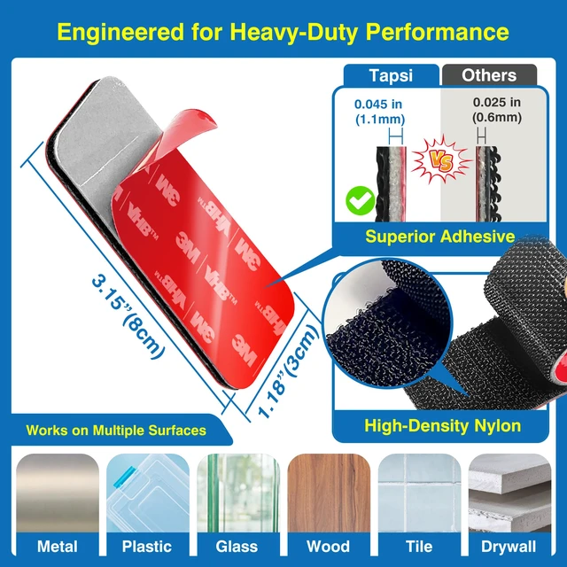 Alt view image 2 of 7 - 8 Sets Heavy-Duty Adhesive Hook and Loop Strips, 1.2" × 3.2" High-Bond Reusable Fastener Strips, Heat-Resistant & Waterproof for Indoor & Outdoor Mounting on Wall, Glass, Tile & Metal