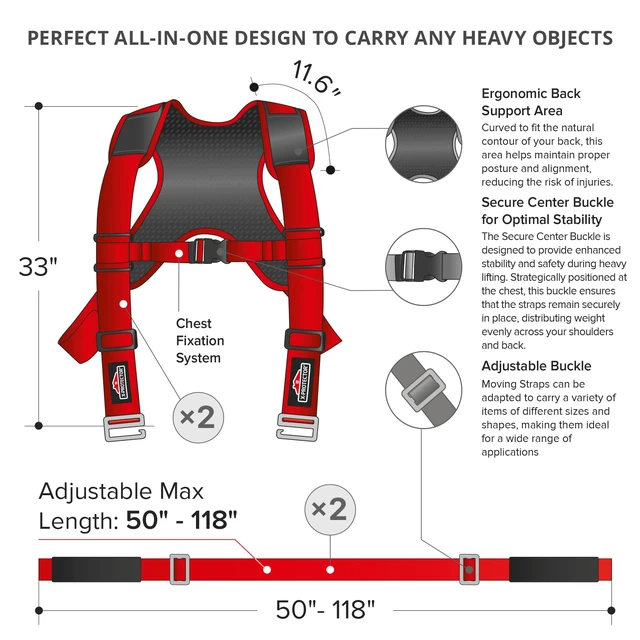 Alt view image 3 of 6 - Moving Straps - 2 Pairs - Red Lifting Straps for 2 Movers Move Furniture Easily and Safely - Perfect for Lifting & Moving Heavy Objects (Adjustable Length 50-118, with Back Support)