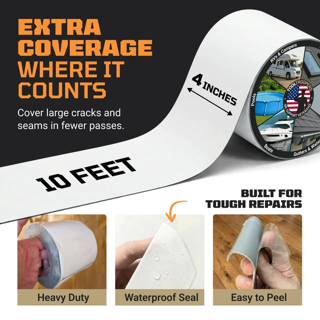 Alt view image 3 of 7 - TITANPATCH PRO Waterproof Sealant Tape White 4" x10' Stops Leaks Fast & Stays Sealed for 15+ Years Sticks to RVs, Roofs, Pools, Boats, Gutters Built for Harsh Weather (-40°F to 190°F)