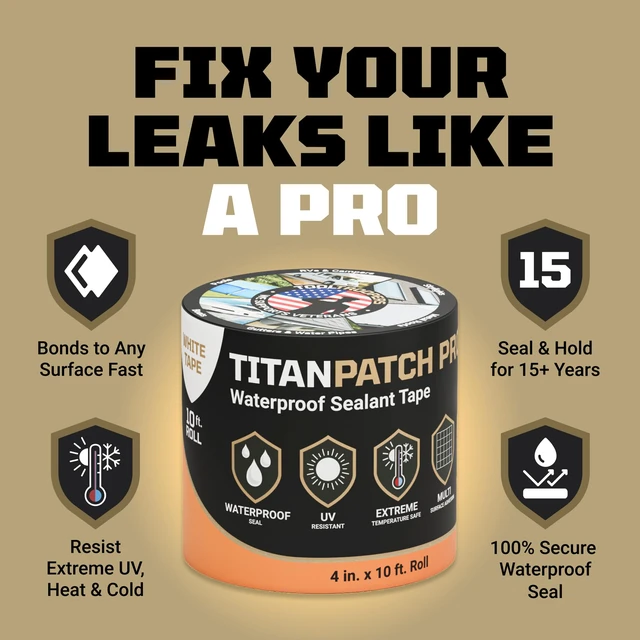 Alt view image 2 of 7 - TITANPATCH PRO Waterproof Sealant Tape White 4" x10' Stops Leaks Fast & Stays Sealed for 15+ Years Sticks to RVs, Roofs, Pools, Boats, Gutters Built for Harsh Weather (-40°F to 190°F)
